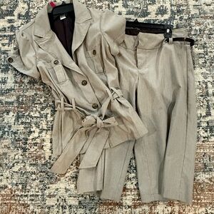 Women’s Short-Sleeve Belted Blazer with Culottes in Light Tan pin Stripes